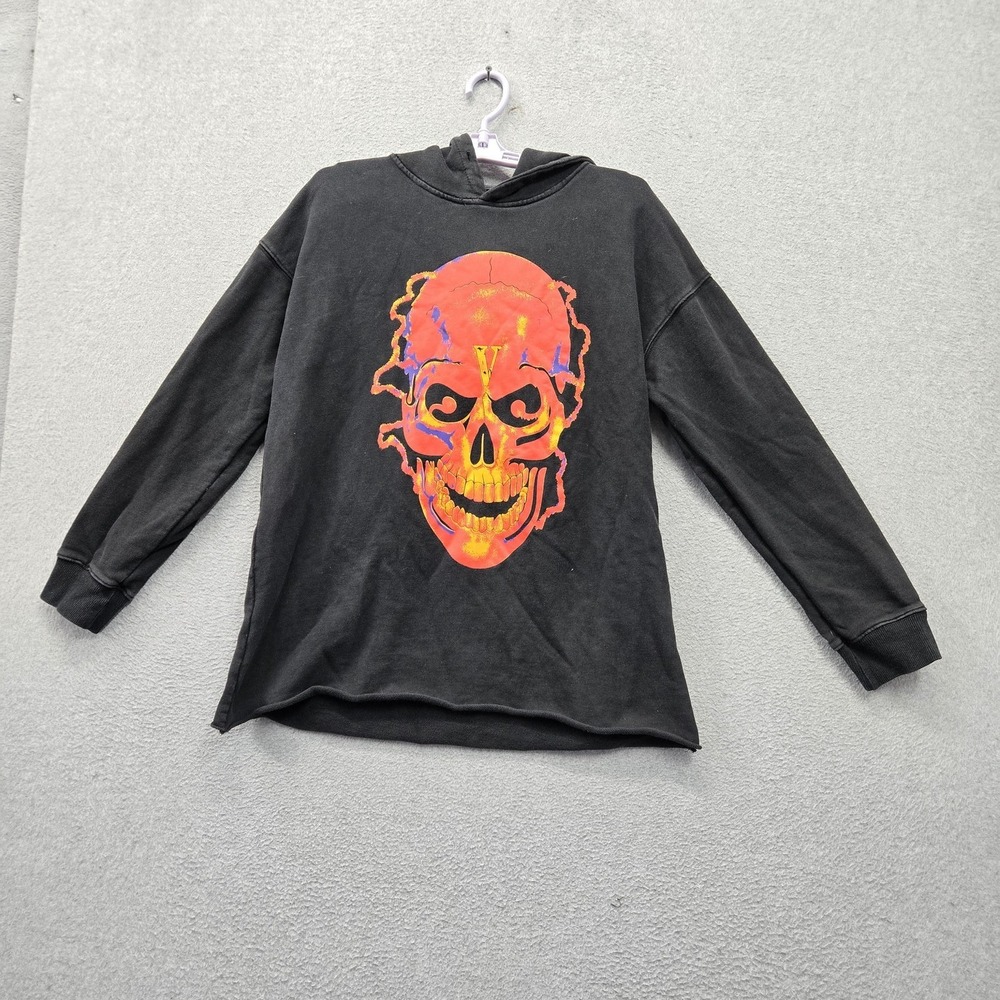Vlone Men Hoodie L Black Skull Shocker Logo Graphic Print Pullover Grunge READ